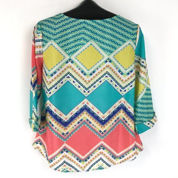 Wishful Park Scoop Neck Blouse Women's Small Chevron Geometric 3/4 Sleeves Sheer - Picture 3 of 10